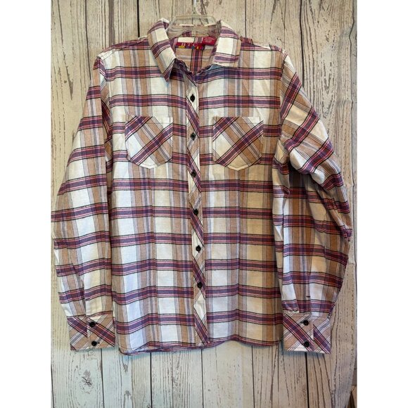 BTC Red & Tan Plaid Flannel Casual Shirt Size Large - Picture 1 of 5